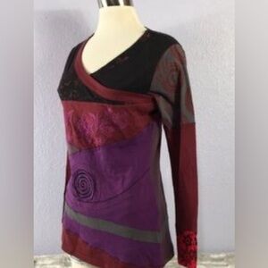 Greater Good Network multicolor patchwork long-sleeve top quilted embroidered L